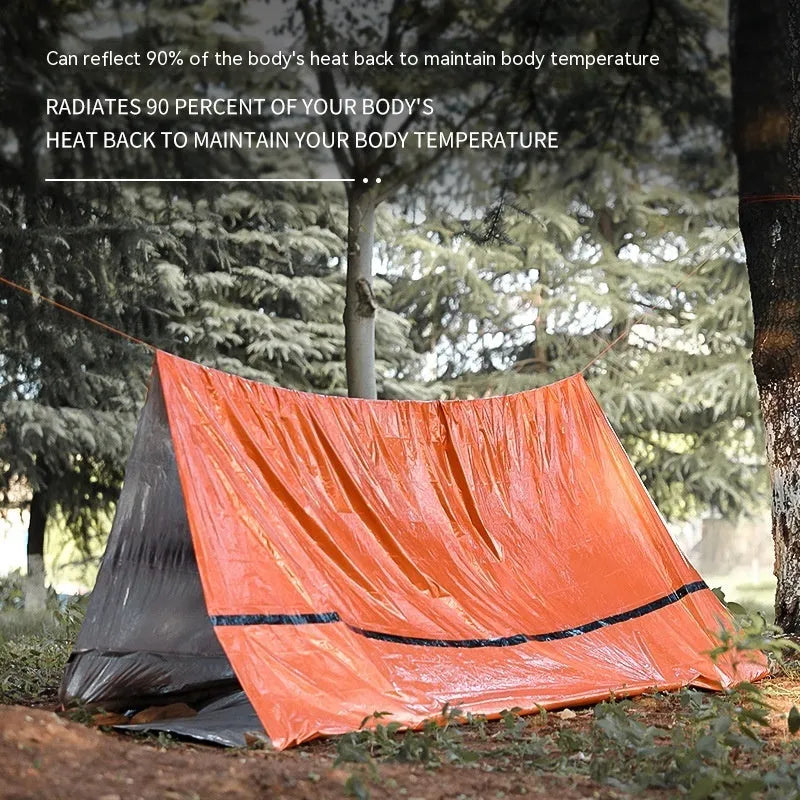 Portable disaster relief tent with emergency blanket and sleeping bag options orange and green colours