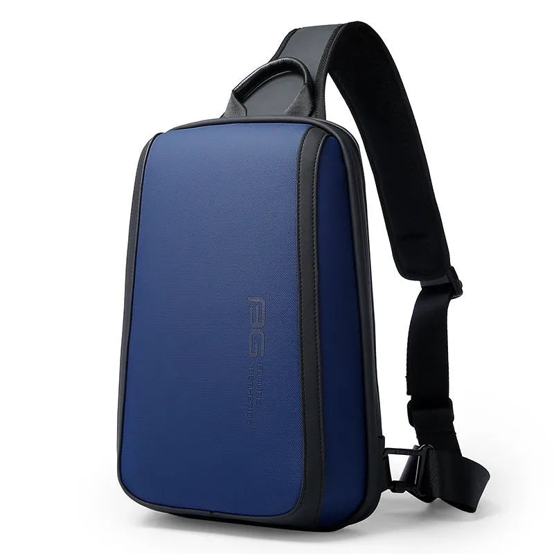 Blue men's Oxford cloth messenger chest bag with adjustable straps, shown with dimensions 33x21x10cm.
