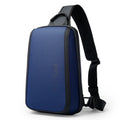 Blue men's Oxford cloth messenger chest bag with adjustable straps, shown with dimensions 33x21x10cm.