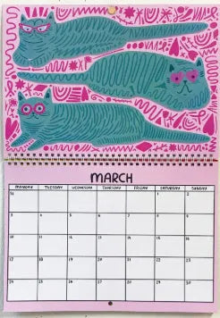 Cat themed wall planner calendar for 2024 or 2025 on a single sheet of paper
