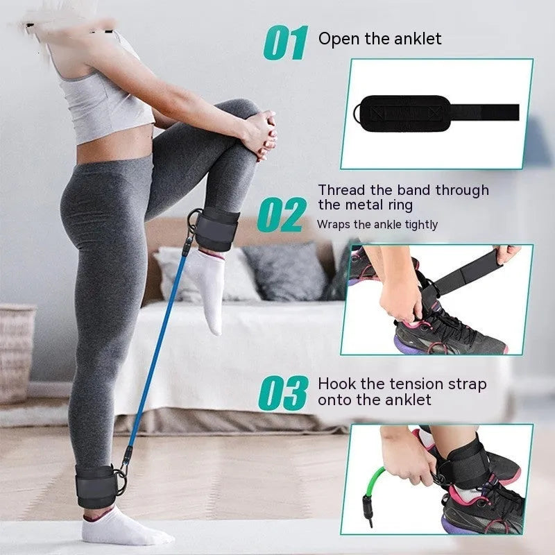 TPE yoga resistance band set with three different pound ratings and foot loops for adult fitness