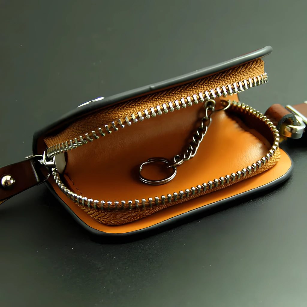 Genuine leather car key case with frosted finish in black and brown colours.