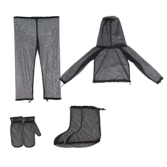 Four-piece anti mosquito suit set showing hooded top, trousers, and protective booties in mesh fabric