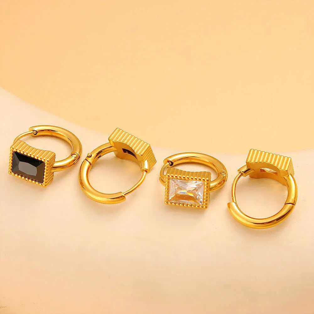 Geometric stainless steel earrings with square zircon detailing in white, black or green colours
