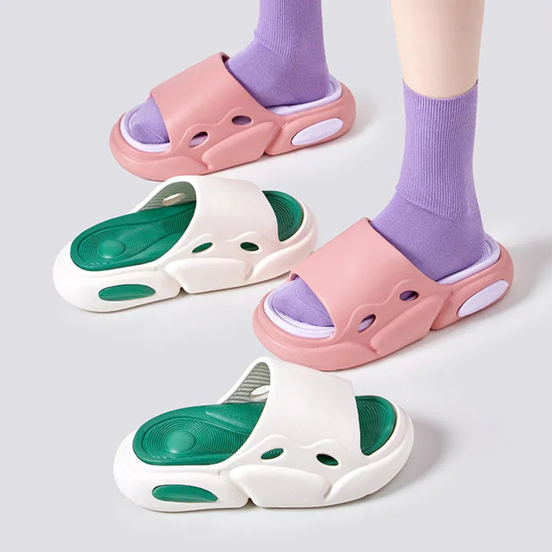 Women's and men's two-colour EVA slippers with thick soles and leather lining in pink purple, white green, or black and white options.