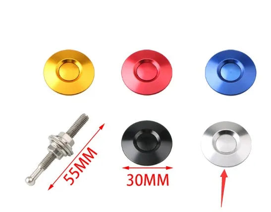 30mm diameter aluminium engine cover lock with a long screw, shown in red, silver, black, gold, and blue colour options.