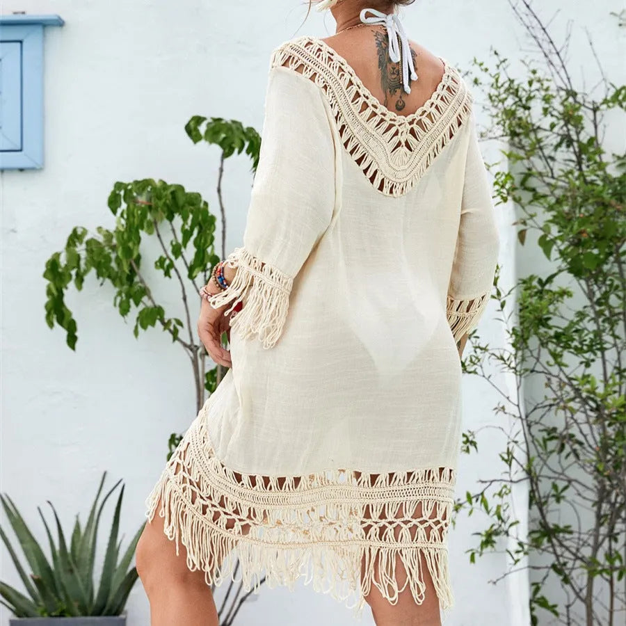 Apricot crocheted patchwork beach dress with half sleeves and mid-length skirt