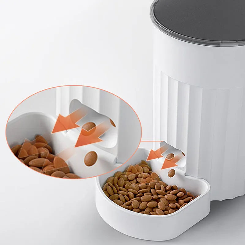 White PP cat automatic pet feeder with WIFI control, side view showing button panel and food tray