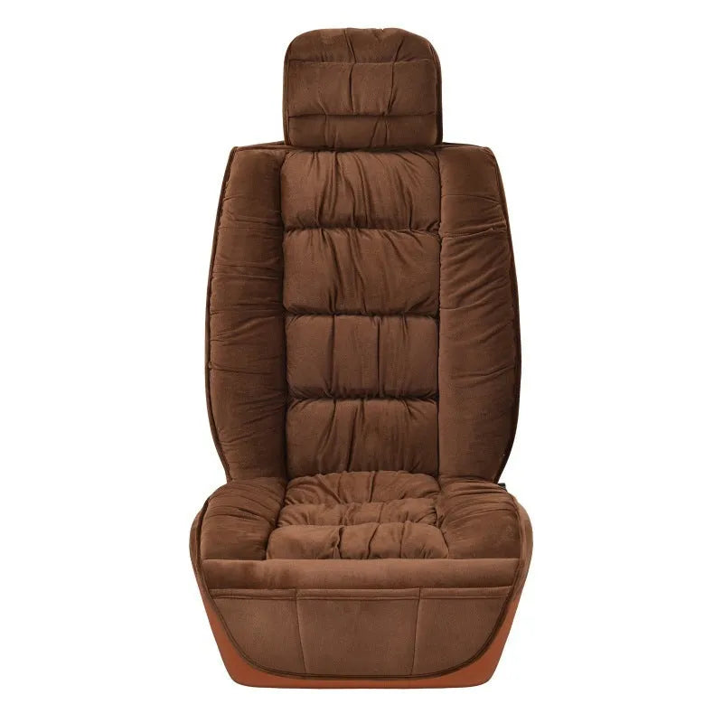 Winter short plush car seat cushion showing colour options and installation on vehicle seat