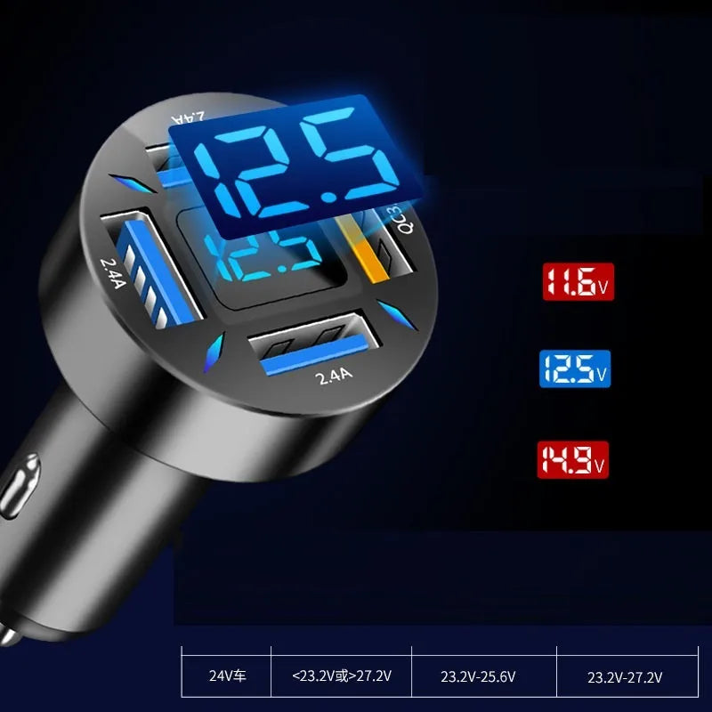Four-port USB car charger with LED digital display showing voltage reading