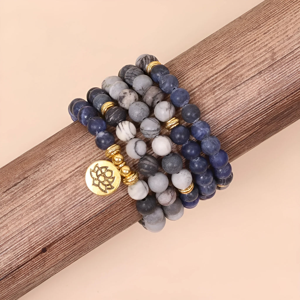 Blue patterned network stone bead multi layer alloy bracelet jewellery