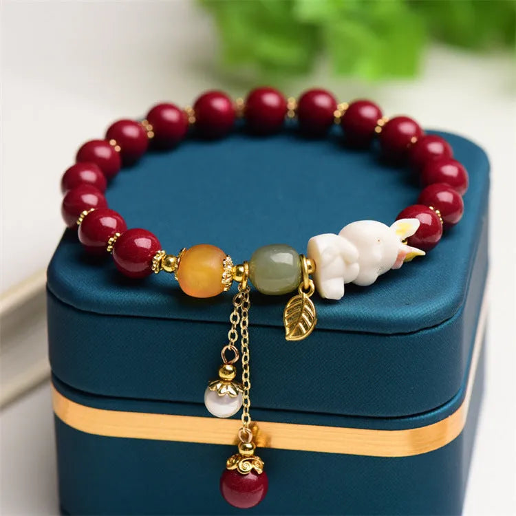 Natural cinnabar bracelet with rabbit charm in national style, purple-gold sand colour, 8mm or 10mm size option