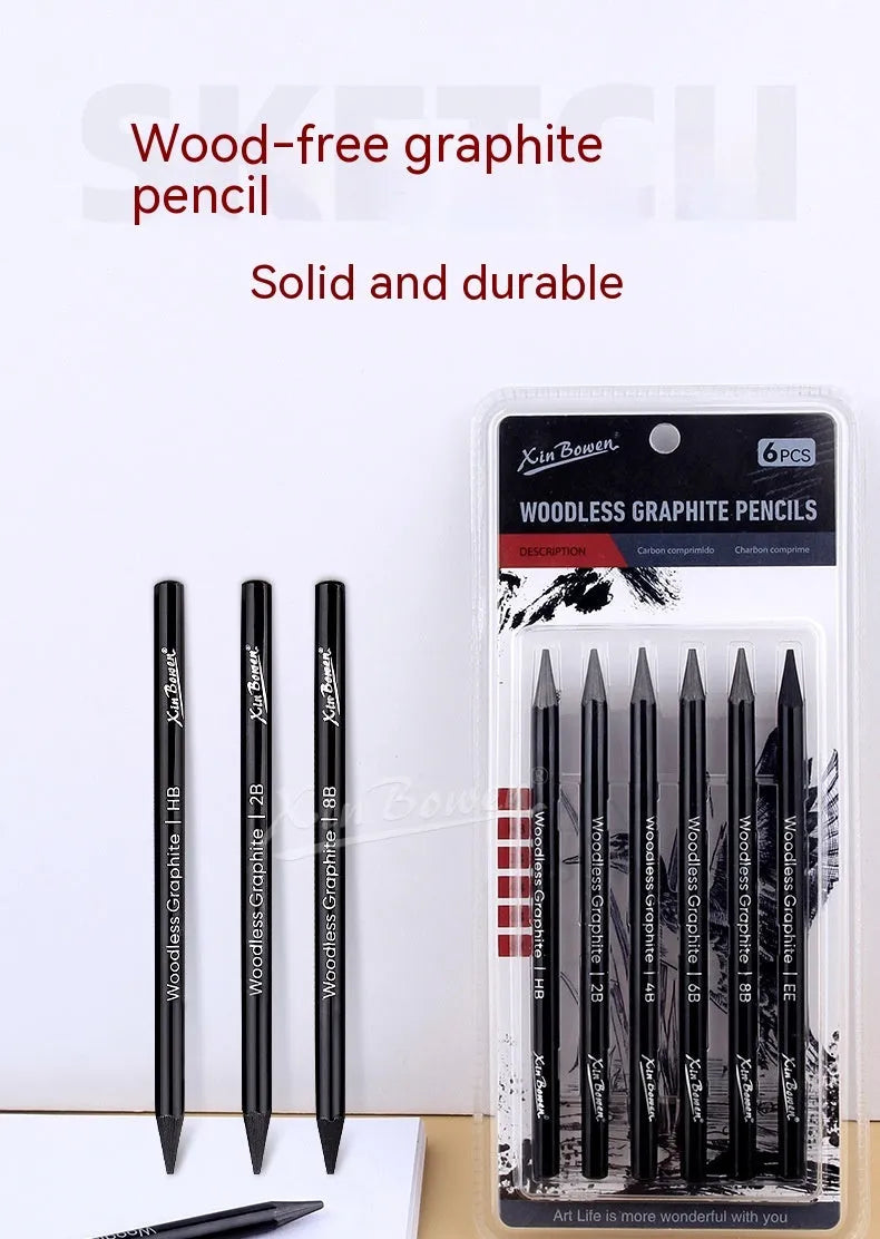 Set of six wood-free graphite sketching pencils with HB 2B 4B 6B 8B EE hardness grades