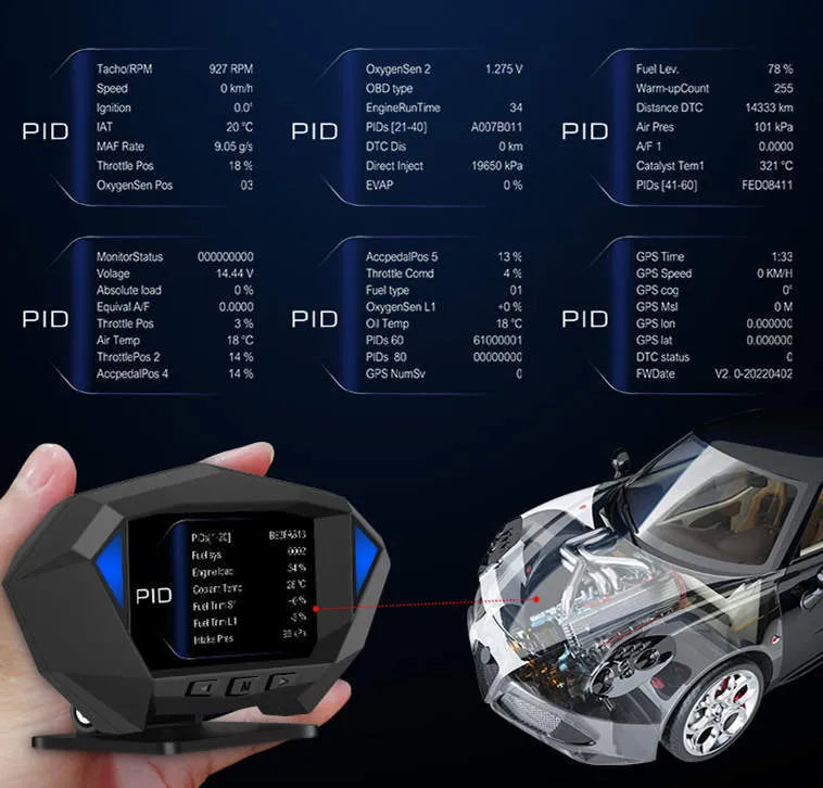 Black car HUD display unit with LCD screen, OBD cable, and anti-slip pad on dashboard