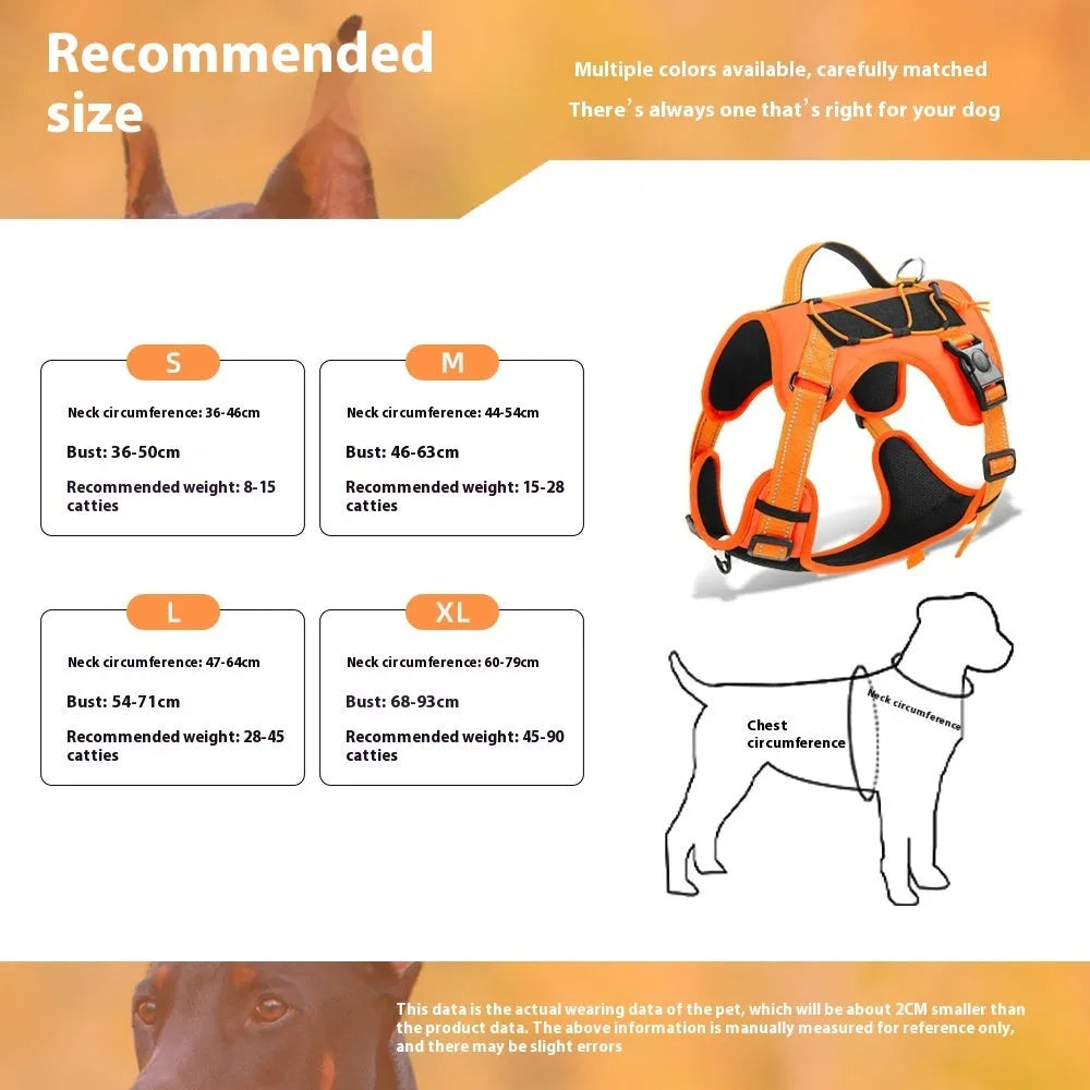 Orange reflective dog vest harness with explosion-proof leash attached, shown on a medium-sized dog.