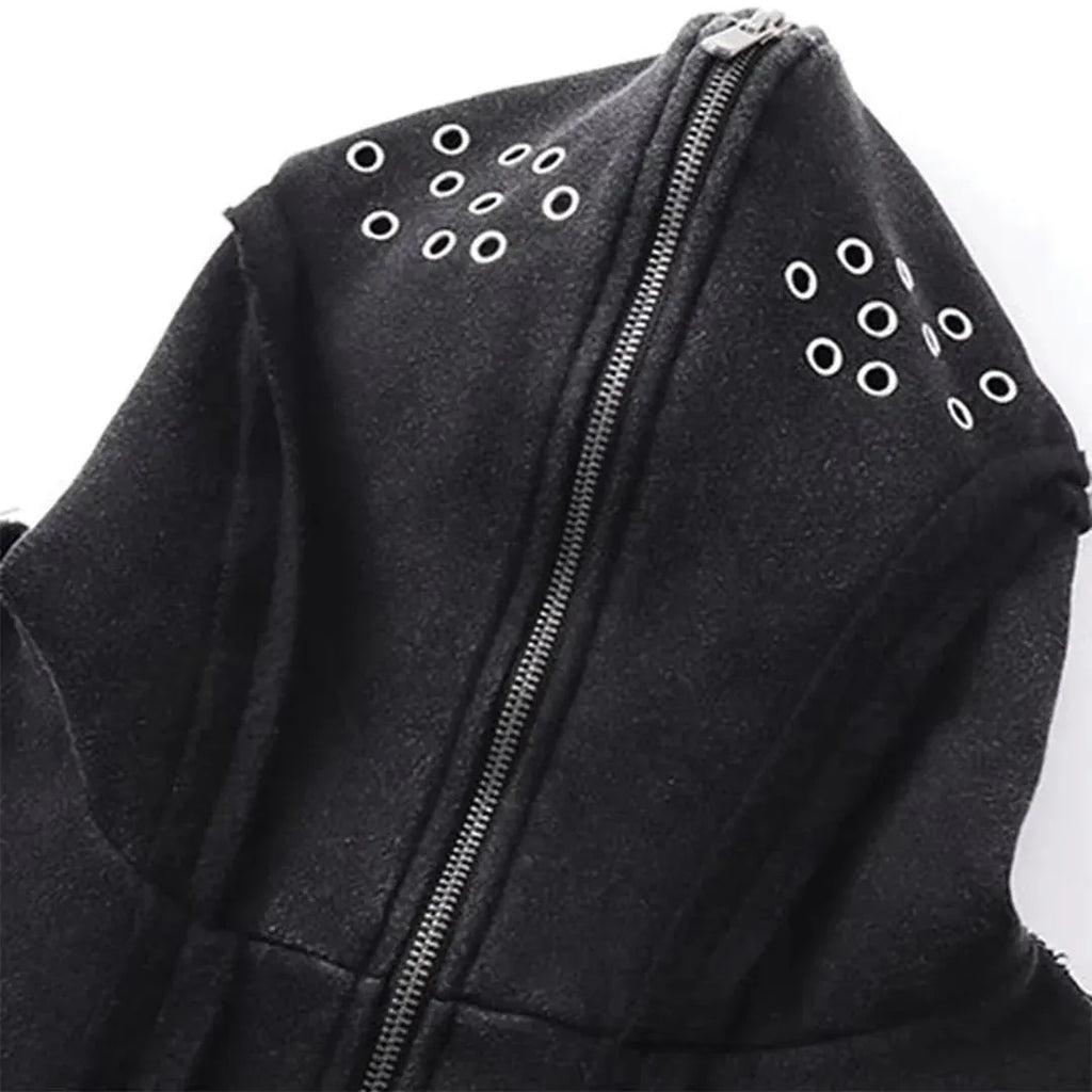 Black retro-style loose fit cotton cardigan coat with zip front, hood, and abstract pattern.