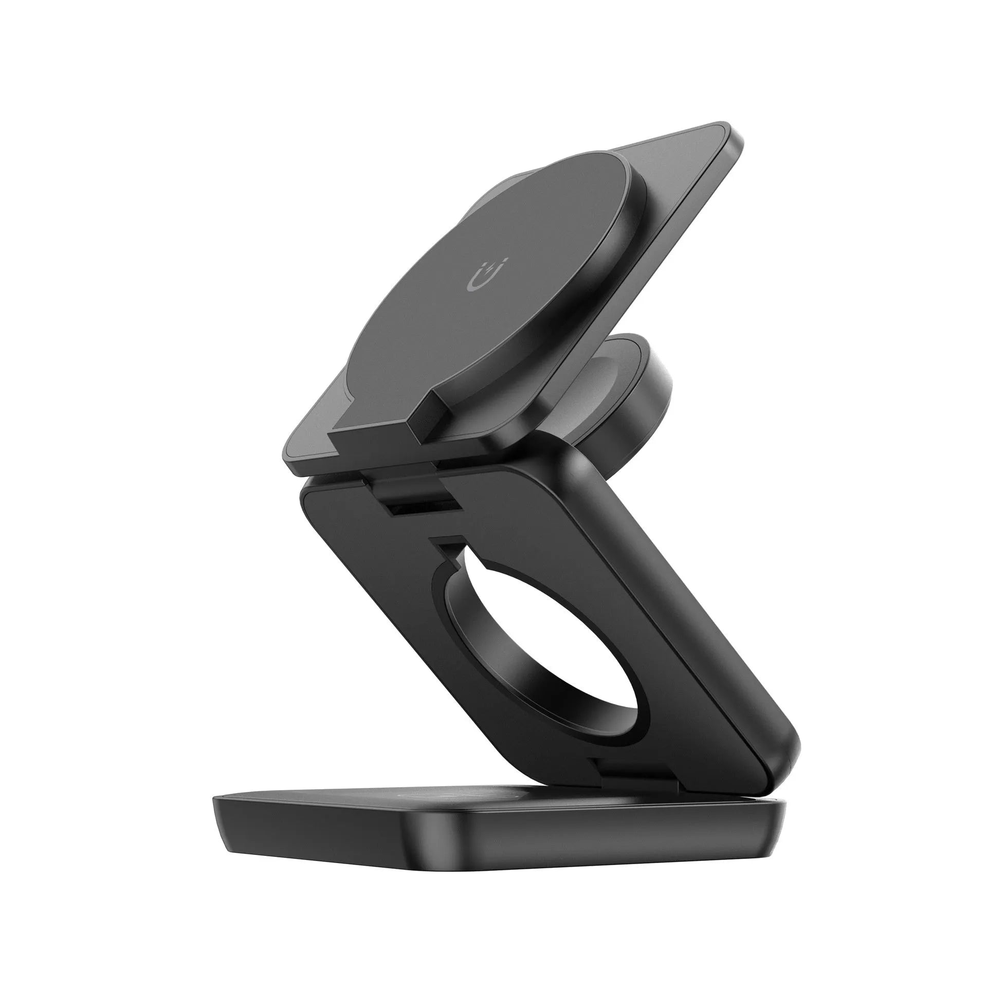 White foldable magnetic wireless charger phone holder showing compact size and charging indicator light.