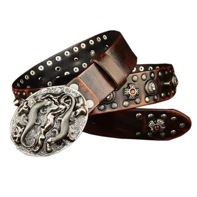 Men's black leather belt with punk rivet detailing and an alloy buckle