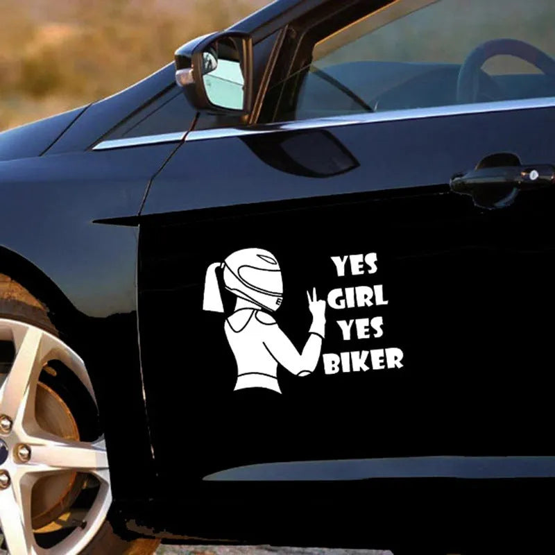 Cool Girl Rider character car sticker in black, white, or laser colour.
