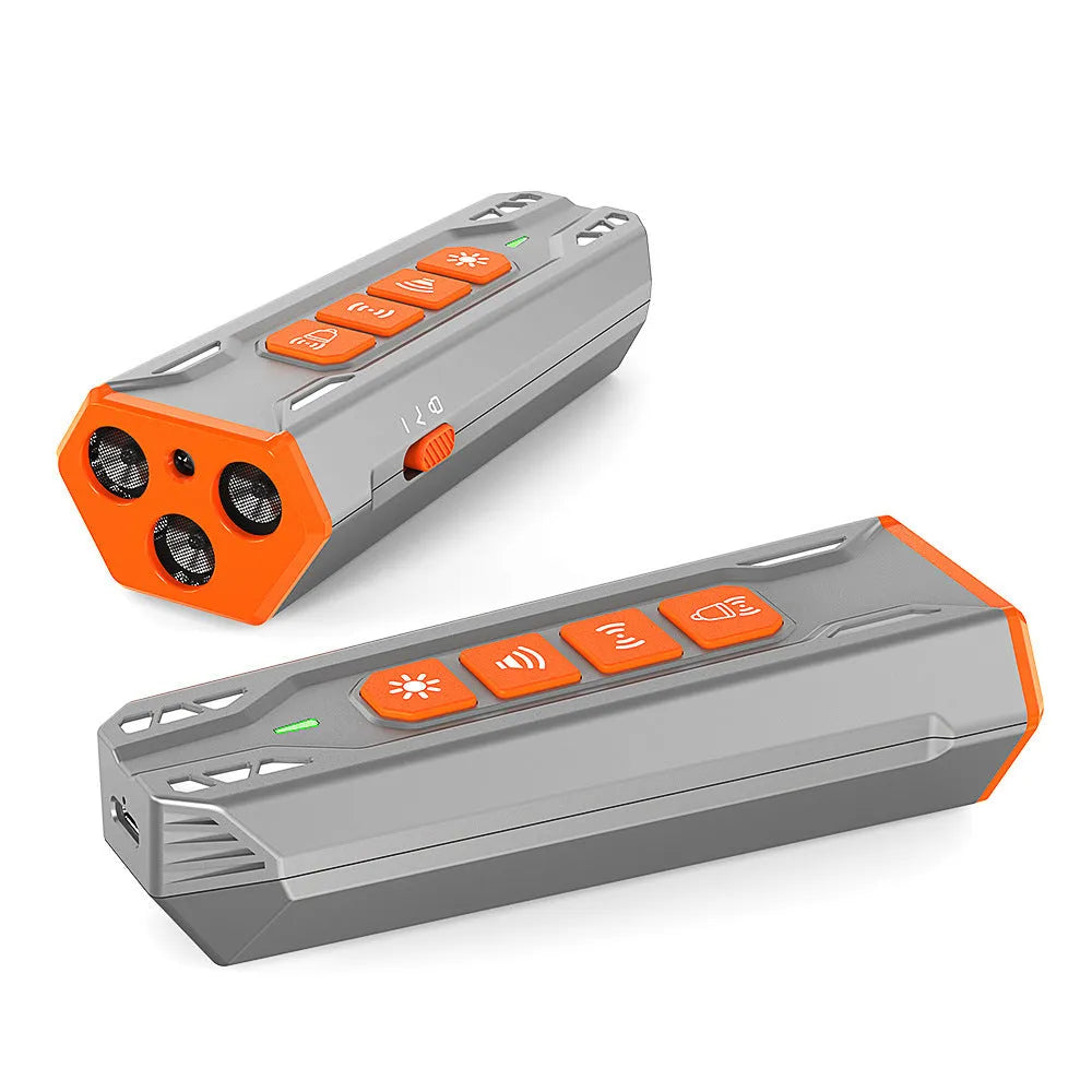 Grey orange and black orange three-head ultrasonic dog trainer for outdoor pet behaviour control.