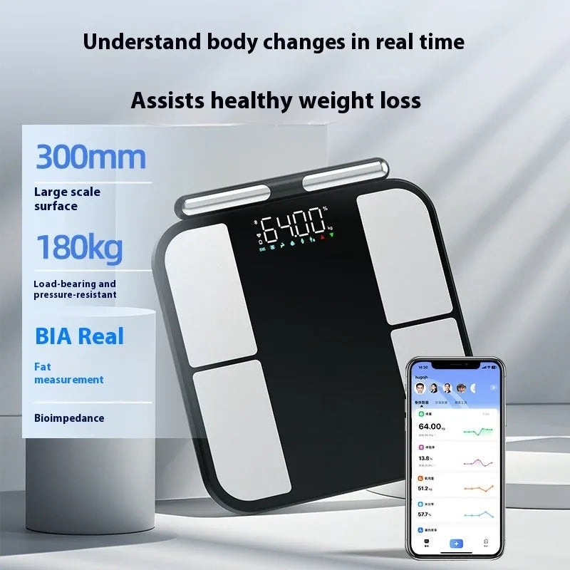 Black electronic body fat scale with colour screen display on tempered glass platform