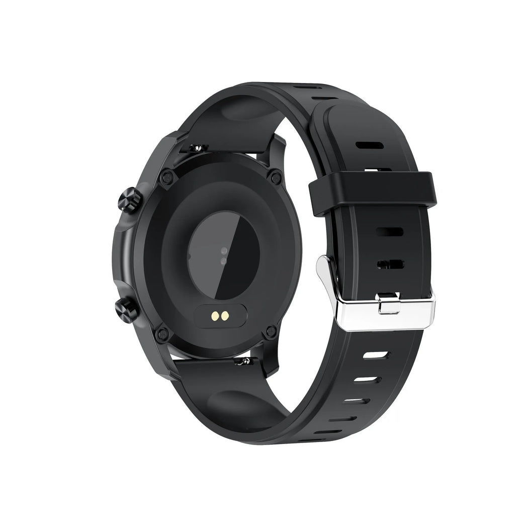 Black or grey smart bracelet with 1.3-inch screen and zinc alloy case for body temperature monitoring.