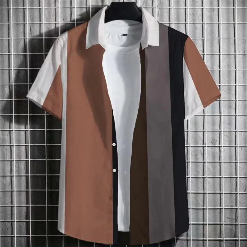 Men's striped linen short sleeve shirt with 3D printing in multiple colours and sizes