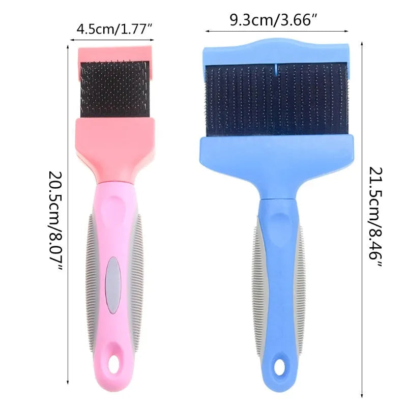 Double-sided dog grooming brush with stainless steel pins in blue or pink colour options