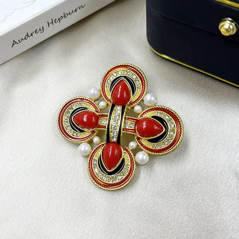 Baroque cross crystal brooch in zinc alloy with medieval design on dark background