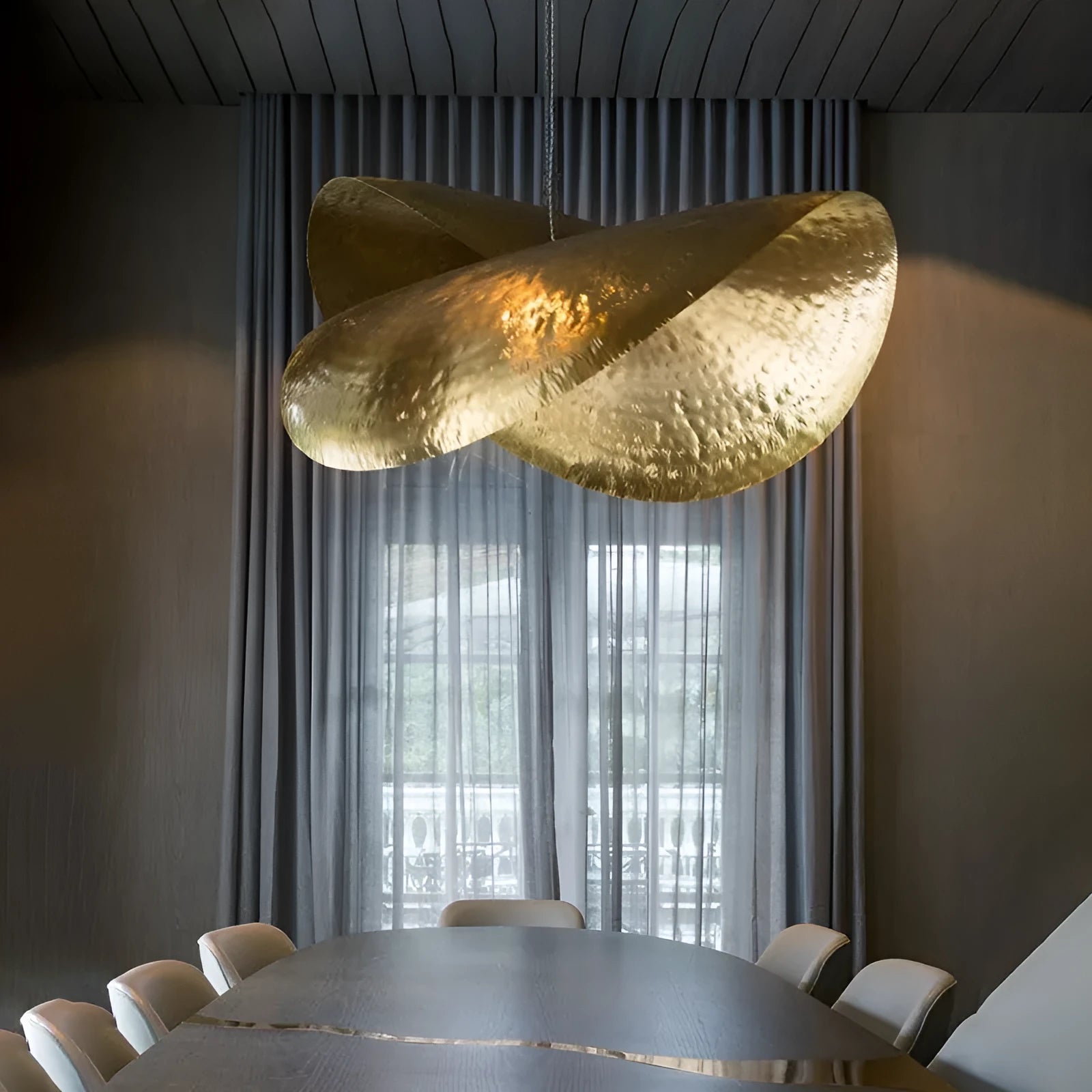 Iron pendant lamp fish line chandelier bamboo hat shape copper accents 45.5cm