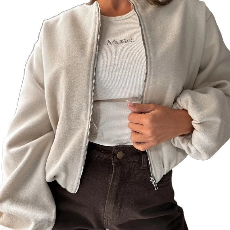 Women's off-shoulder lantern sleeve short coat in milky white or brown colours