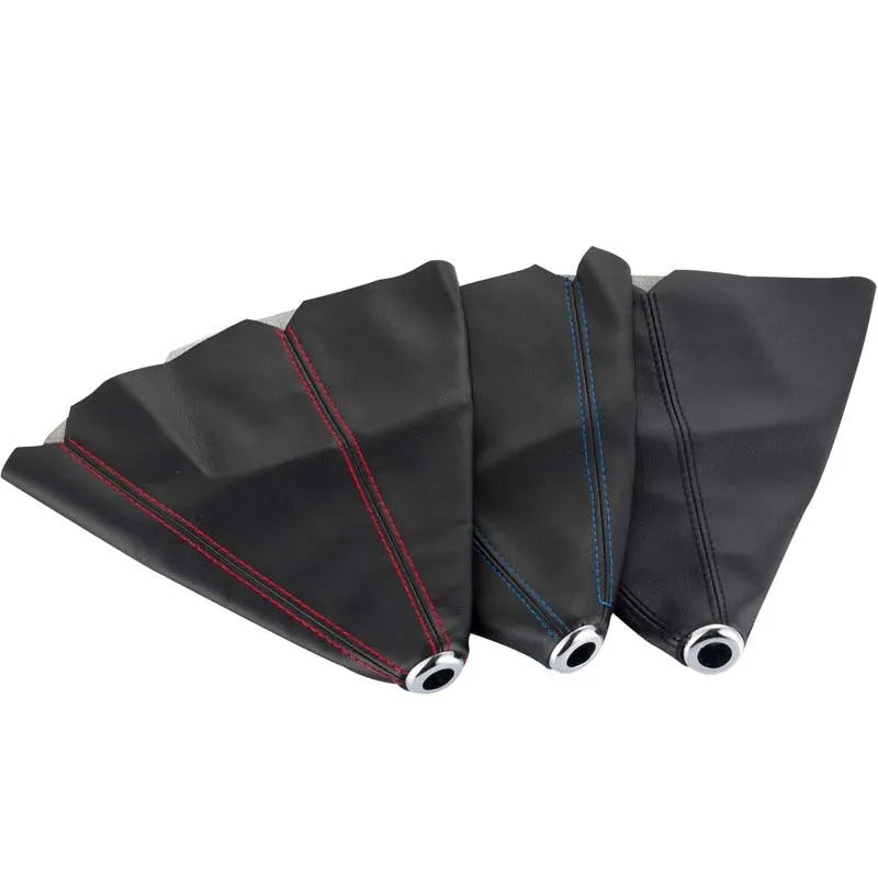 Black PU leather gearstick dust cover for General Motors vehicles on a car interior.