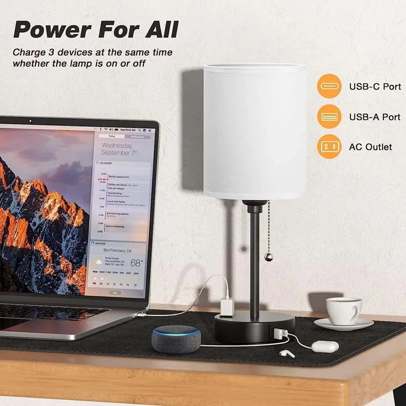 Taye C USB charging fabric table lamp with zipper switch, white cotton linen shade on study desk
