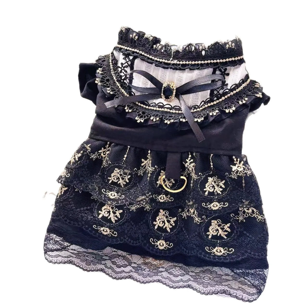 Golden gothic-style skirt costume for a small dog or cat on a mannequin.