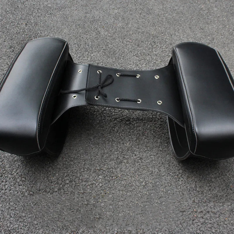 Motorcycle side box saddle bag in black PU leather with retro wind design showing dimensions