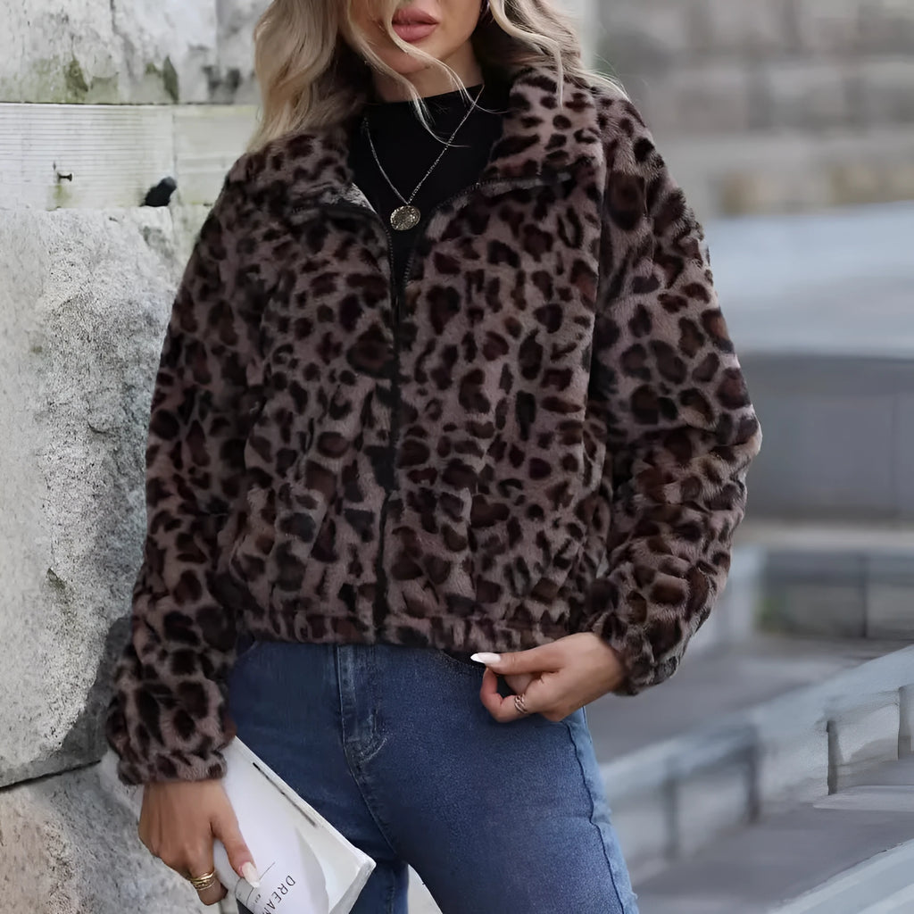 Women's leopard print rabbit fur plush winter coat with zip front and raglan sleeves