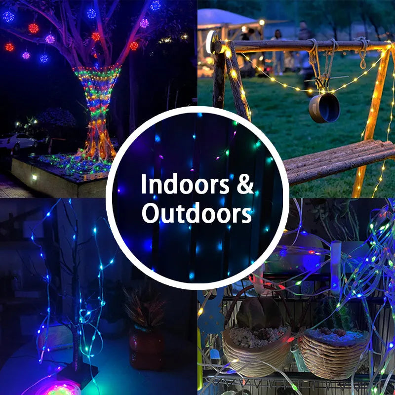 10 metre long multicolour LED party light string with 100 bulbs showing various flashing modes.