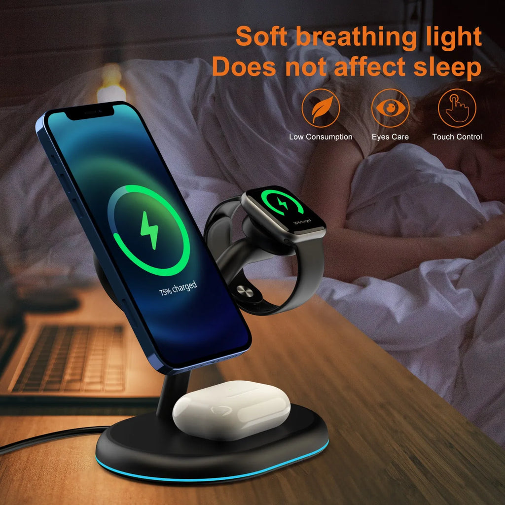 Black three-in-one magnetic wireless charger for mobile phones and earbuds on a table.