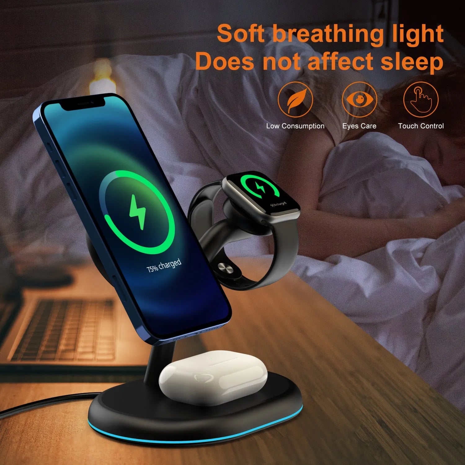 Black three-in-one magnetic wireless charger for mobile phones and earbuds on a table.