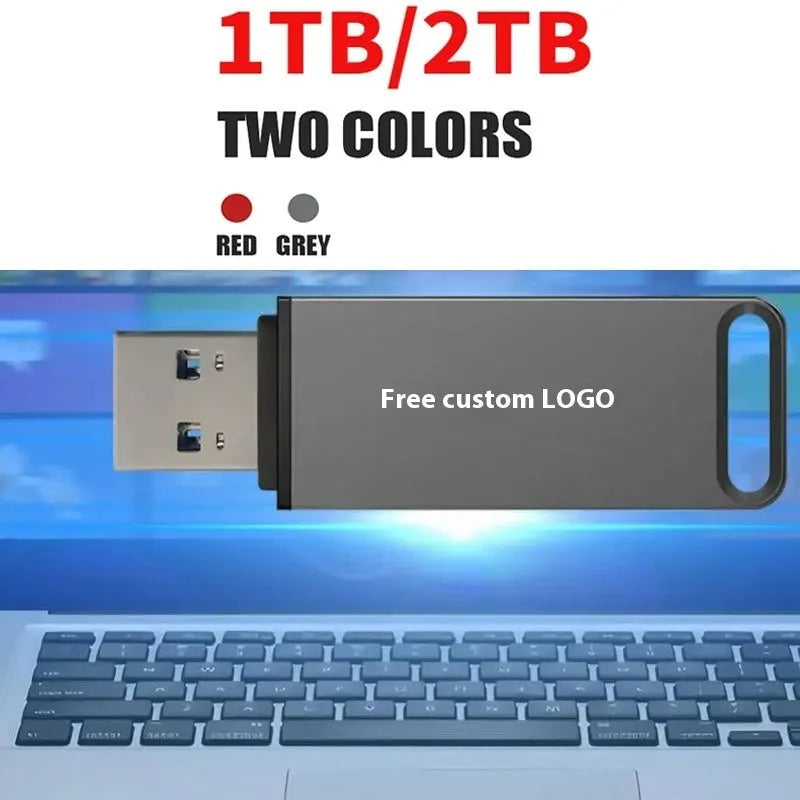 Black, red, and silver metal USB flash drives showing custom graphic option and high storage capacities up to 16TB.