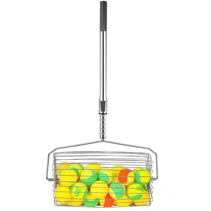 Stainless steel adjustable roller tennis ball picker on a court surface.
