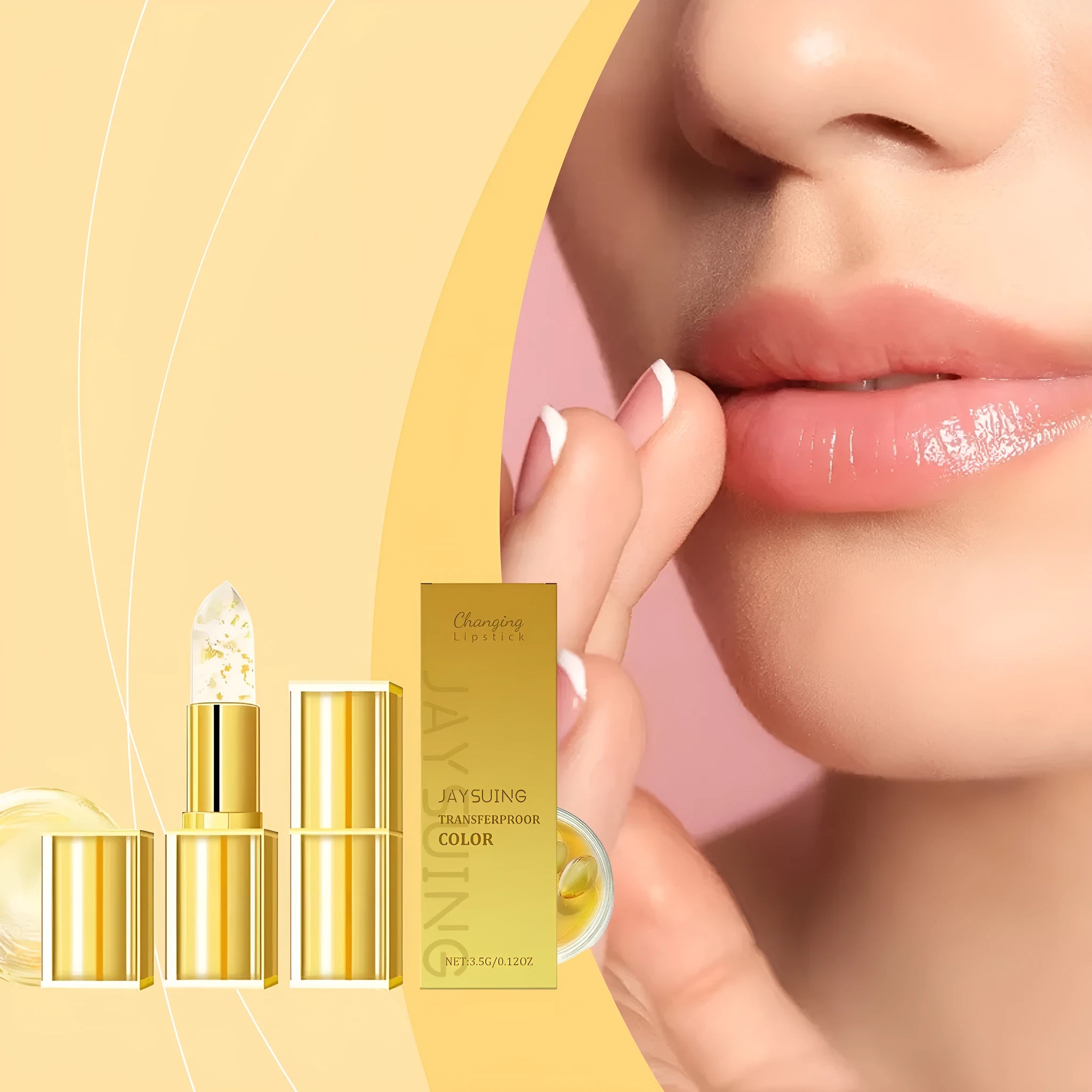 Gold foil nourishing lipstick in a gold case with hyaluronic acid and vitamin E, 3.5g content.