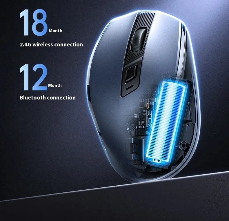 Black wireless Bluetooth dual-mode ergonomic mouse with side silicone finger rest and five-speed DPI for laptop office use