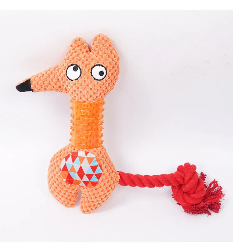 Blue TPR corn kernel dog toy in Fox shape with attached cotton rope tail