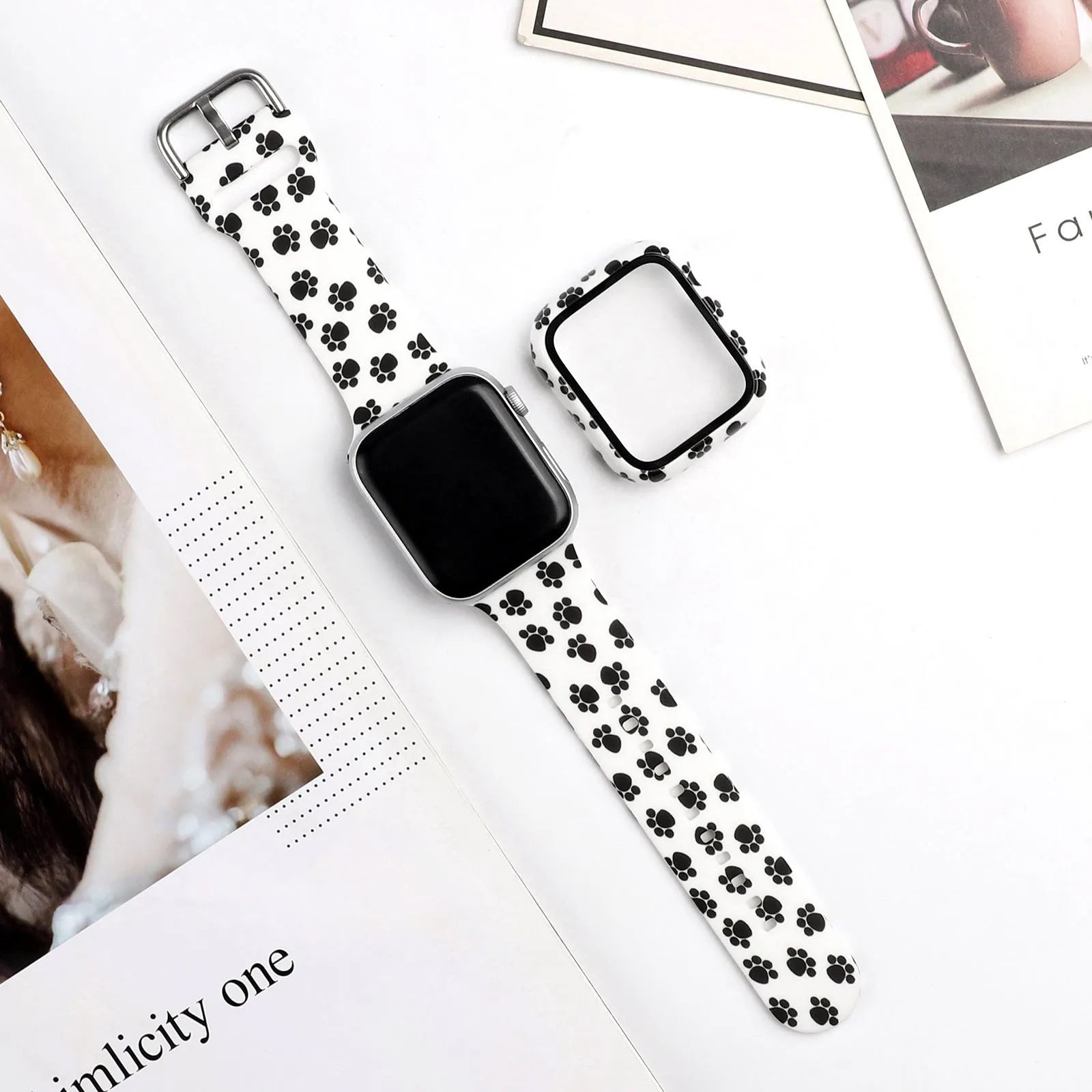 Printed silicone Apple Watch compatible strap shown in multiple design styles for 38mm 40mm 42mm 44mm cases.