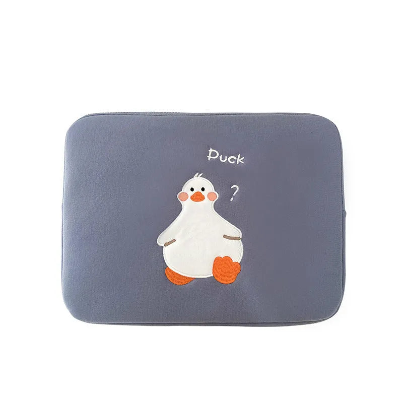 Blue cotton tablet case with cartoon duck embroidery and zipper closure for 11-16 inch tablets