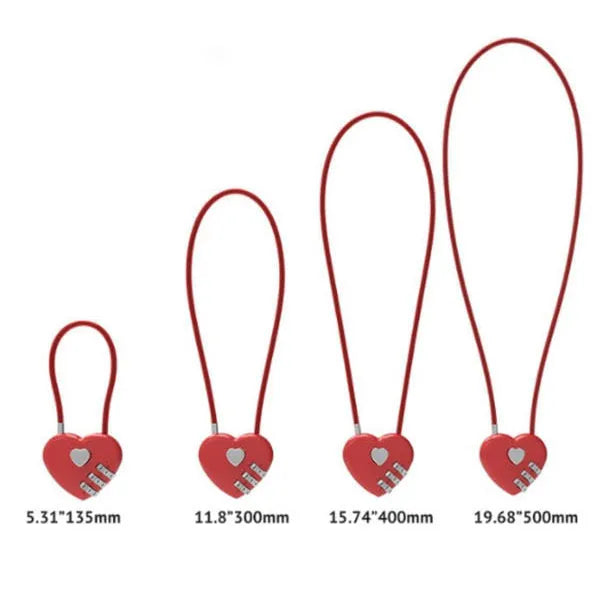 Peach heart-shaped ABS plastic padlock with a steel cable, shown in multiple colour options.