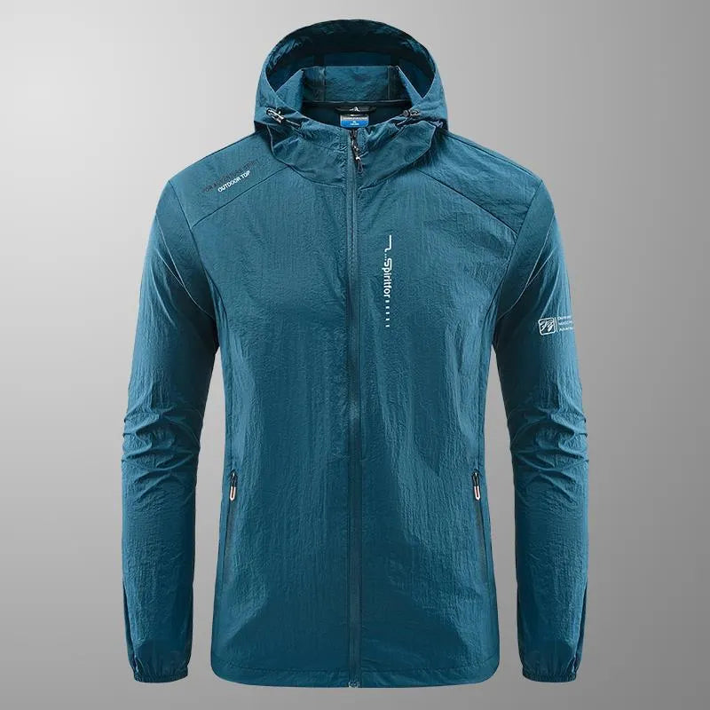 Men's light grey loose fit nylon hooded summer jacket on a hanger