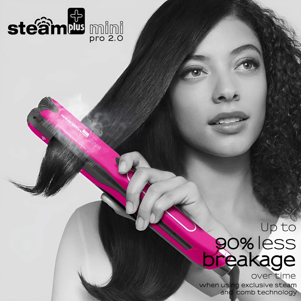 Mini steam hair straightener and curling iron in champagne, purple or rose red colour