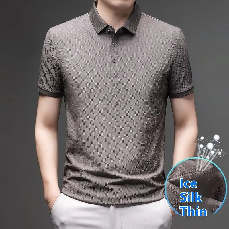 Rhombus patterned thin ice silk short sleeve T-shirt in black, showing V-neck and slit design detail.